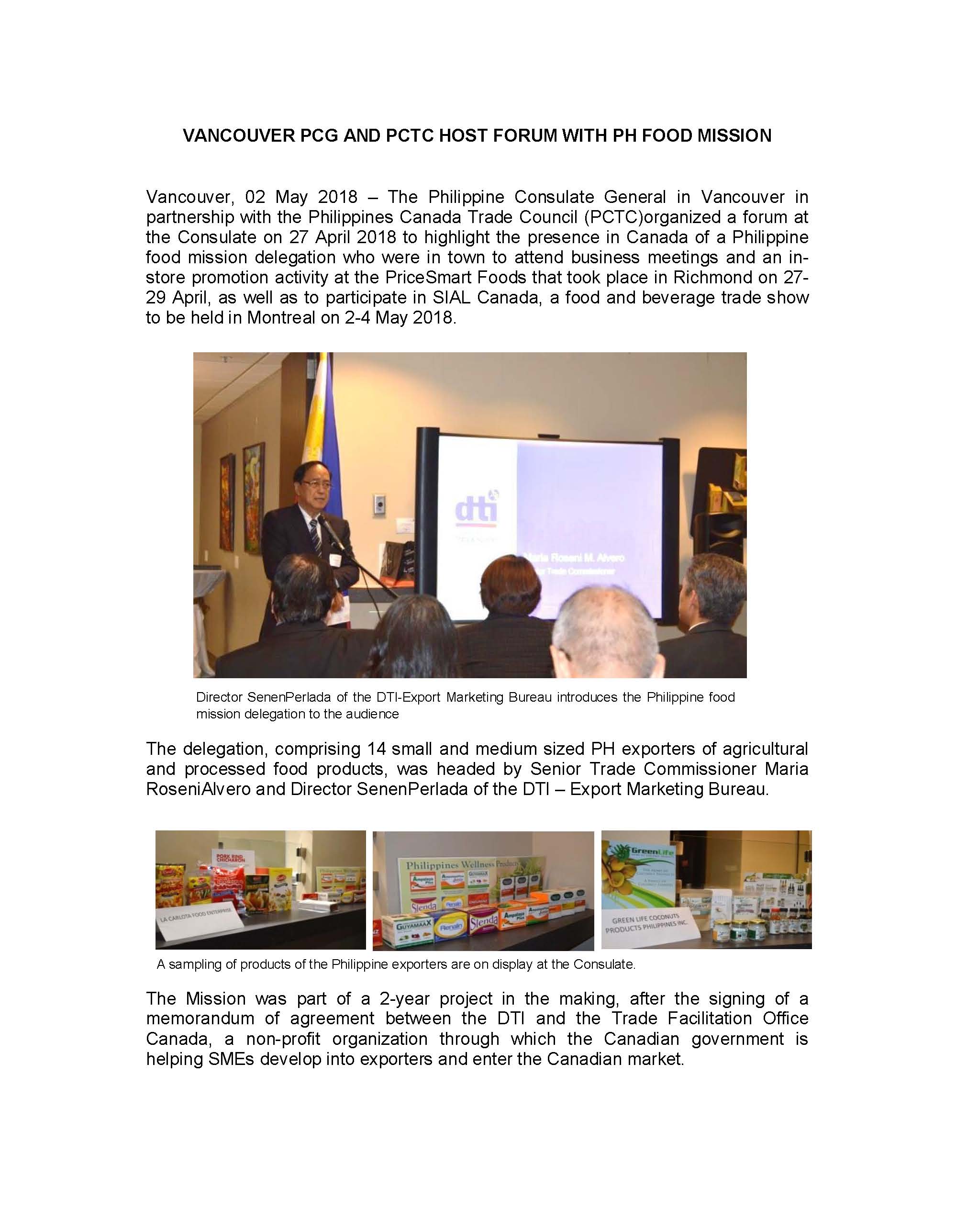 VANCOUVER PCG AND PCTC HOST FORUM WITH PH FOOD MISSION Page 1