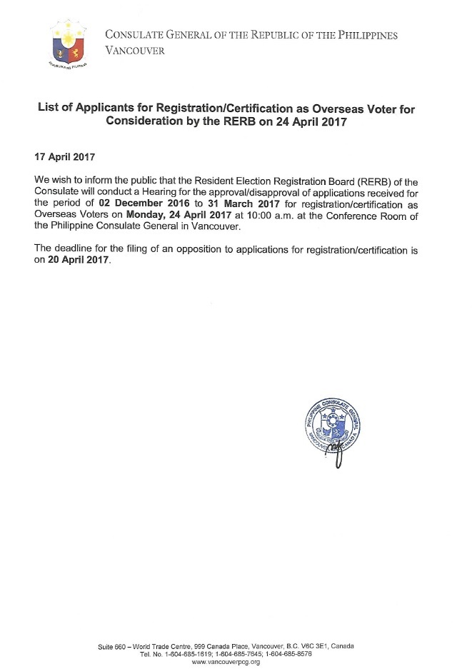 list of applicants for Registration Certification as OV etc